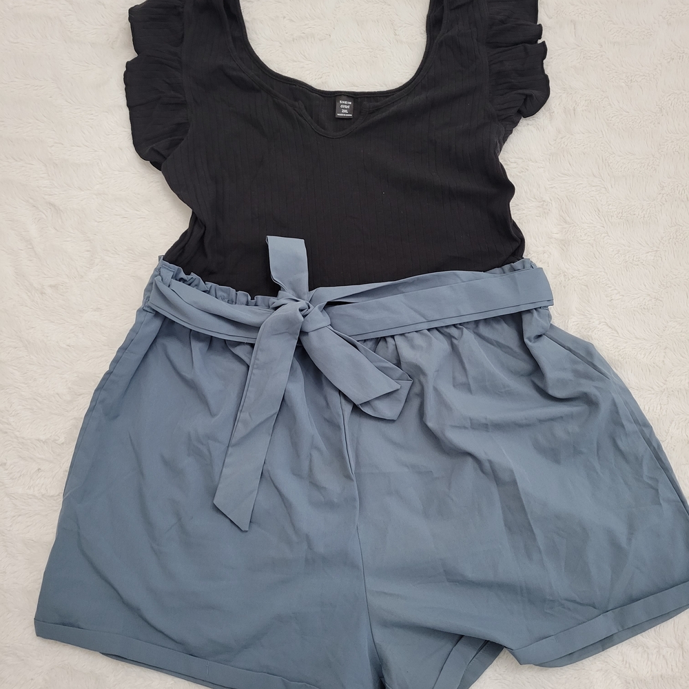 SHEIN Black Ribbed Romper Tie Waist